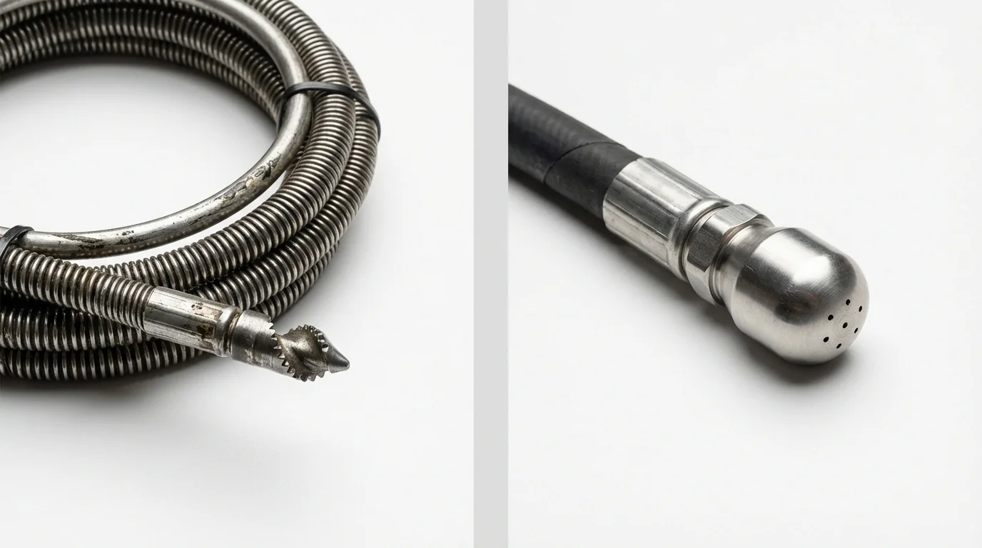 Drain snake cable and hydro jetting nozzle used for drain cleaning in Lexington, OK
