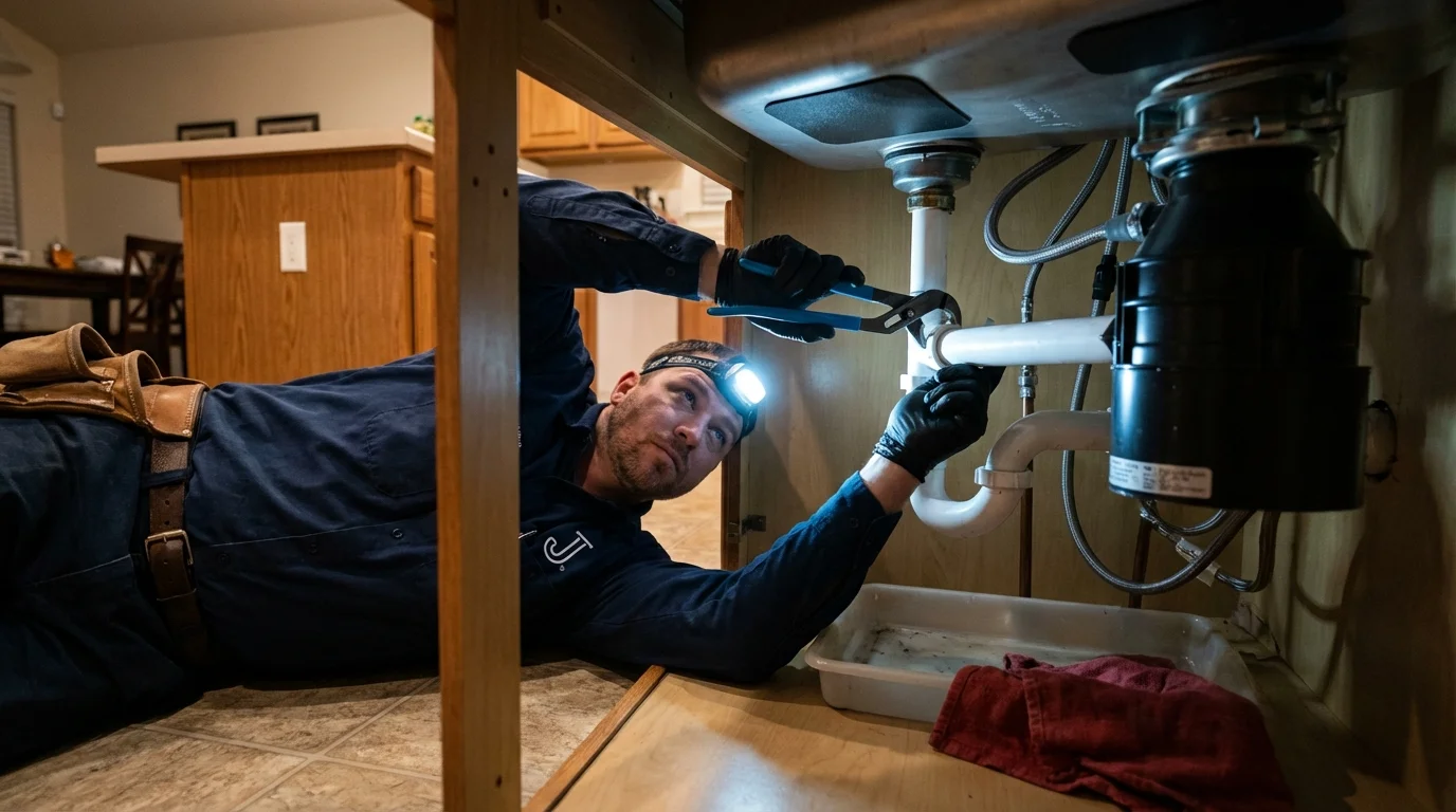 P-trap and supply line connections under a kitchen sink showing a common leak point in Lexington, OK
